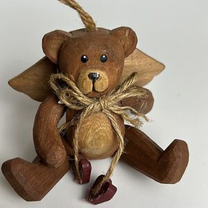 Vintage Wood Hand Carved Jointed Teddy Bear Ornament hard to find